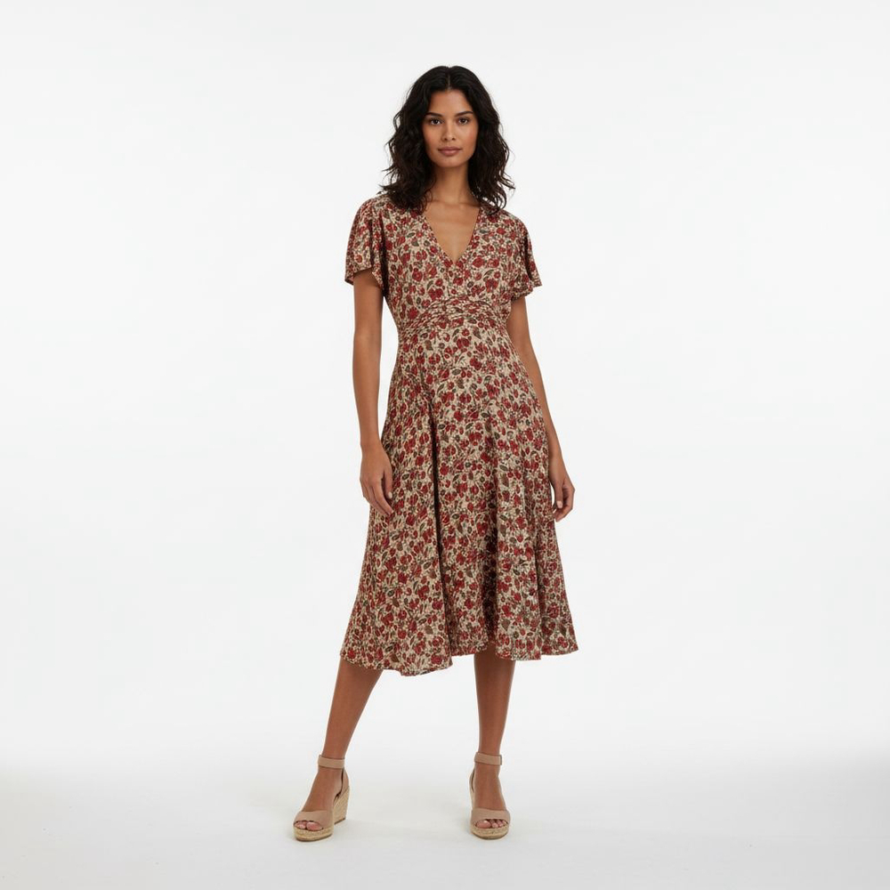 Pampelone Beige Red Floral Midi Dress XL